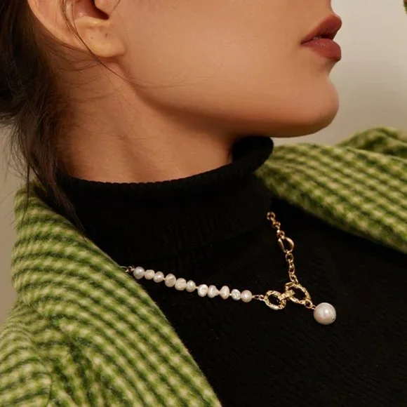 NEW 18K Gold Plated Natural Pearl Circle Link Chain Necklace - Picture 3 of 7